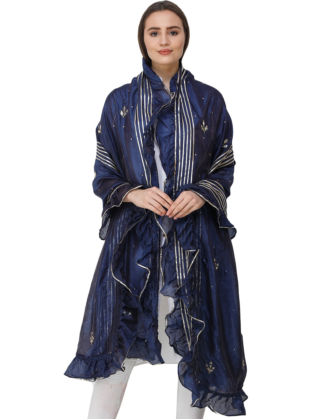 

Exotic India Patriot Blue Art Silk Dupatta with Gota Patches and Frill Border, Navy blue