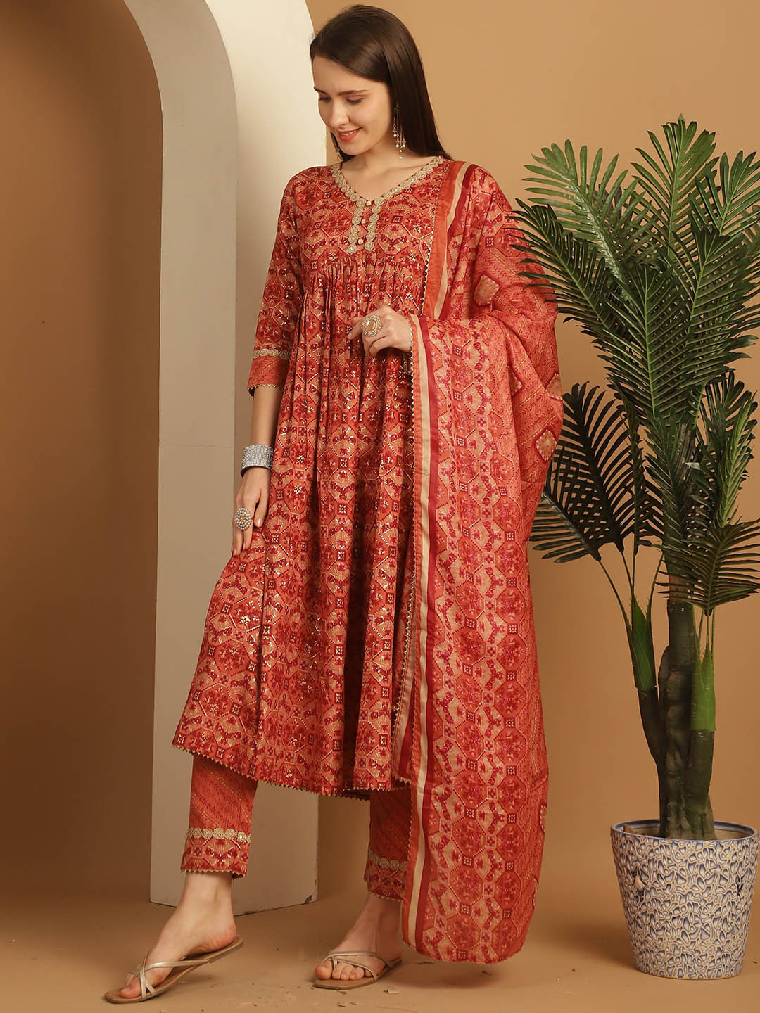 

Roly Poly Printed Empire Anarkali Kurta With Trousers & Dupatta, Orange