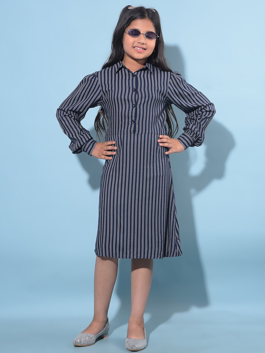 

Crimsoune Club Girls Striped Shirt Collar Cuffed Sleeves Cotton Straight Shirt Dress, Navy blue