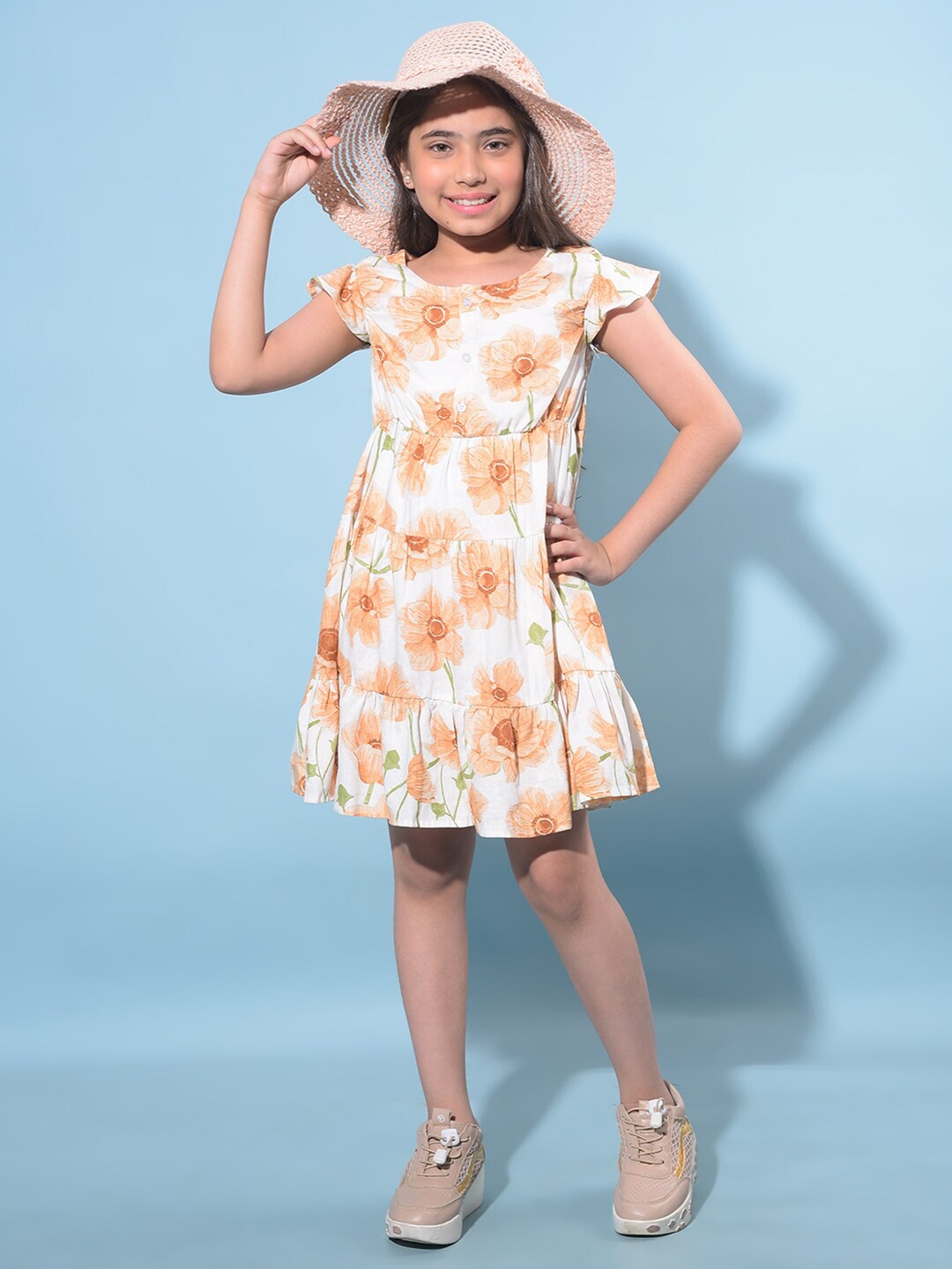 

Crimsoune Club Girls Floral Print Round Neck Short Cap Sleeves Fit & Flare Dress, Peach