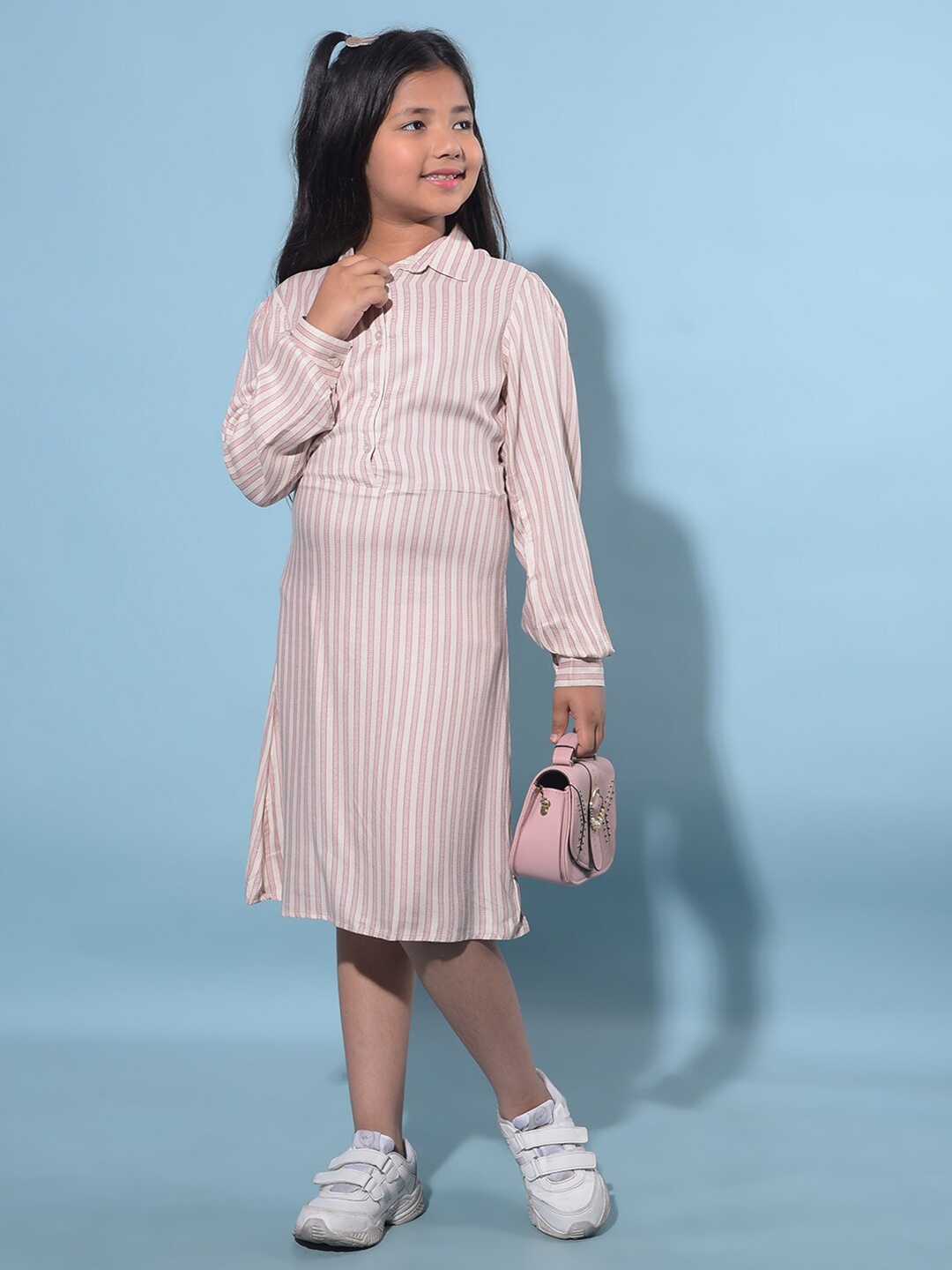 

Crimsoune Club Girls Striped Shirt Collar Cuffed Sleeves Cotton Straight Shirt Dress, Pink