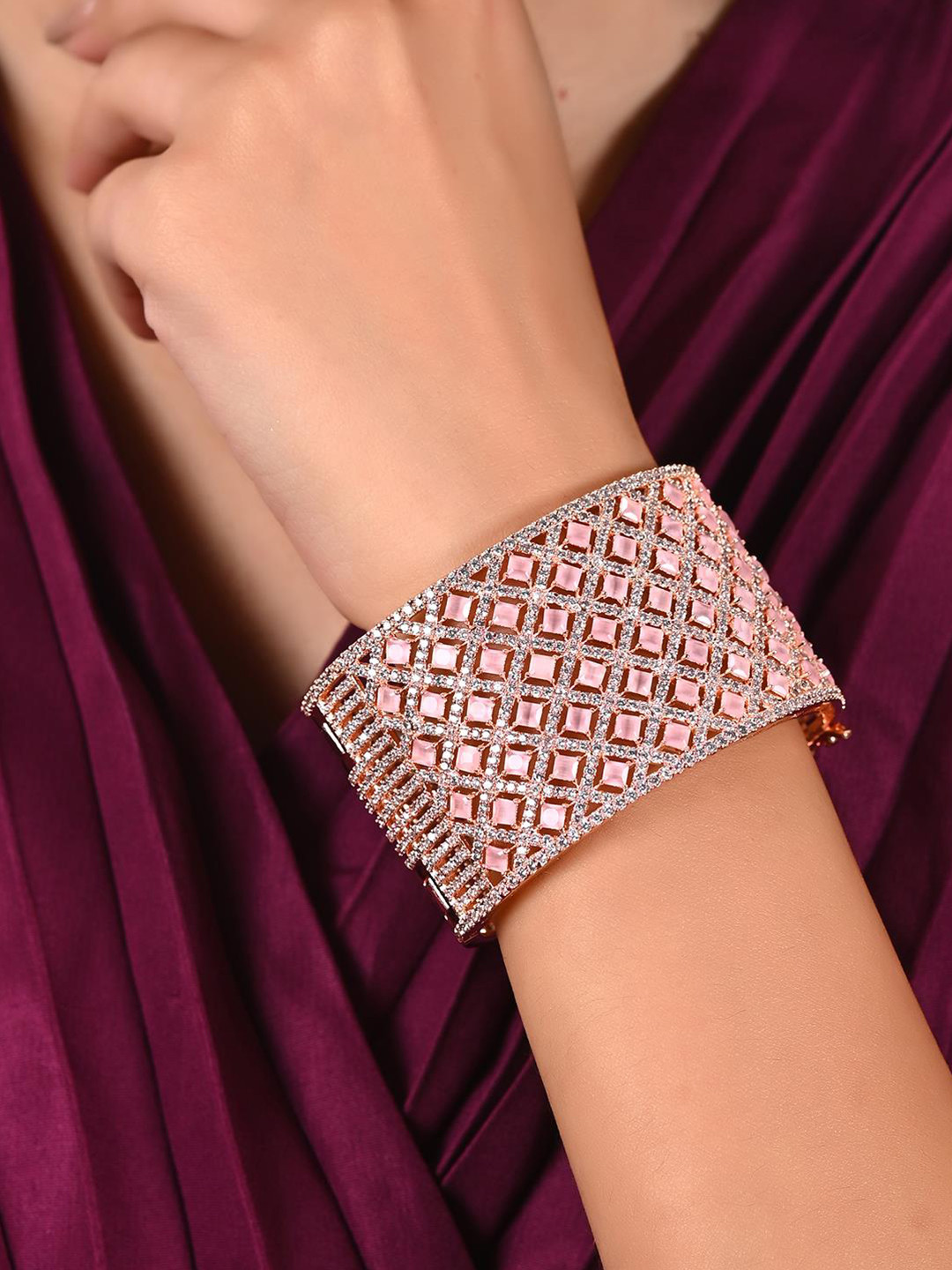 

RATNAVALI JEWELS Women Rose Gold-Plated Cubic Zirconia Studded Cuff Bracelet