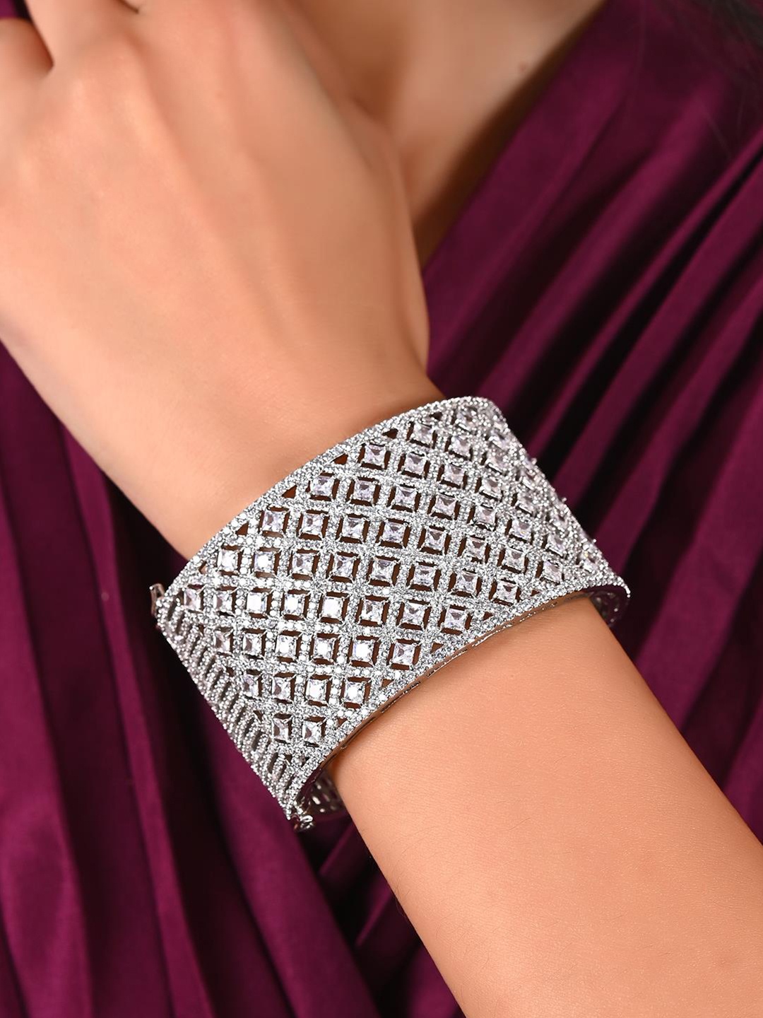 

RATNAVALI JEWELS Women Silver-Plated Cubic Zirconia Studded Kada Bracelet