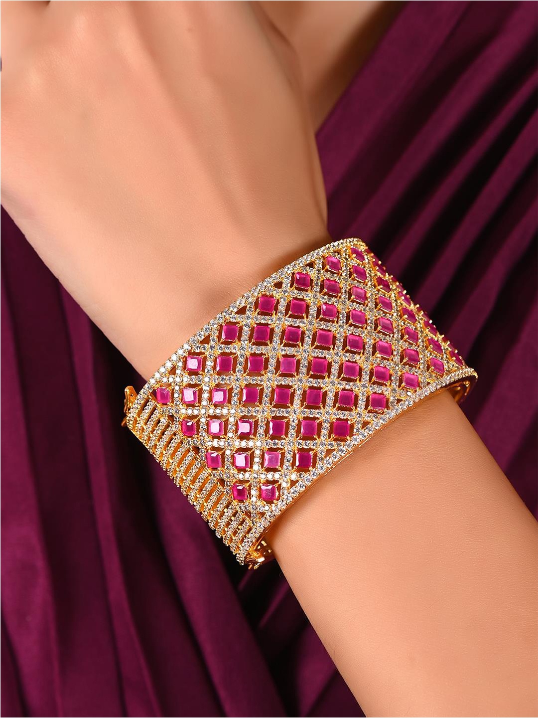 

RATNAVALI JEWELS Women Gold-Plated Cubic Zirconia Studded Cuff Bracelet