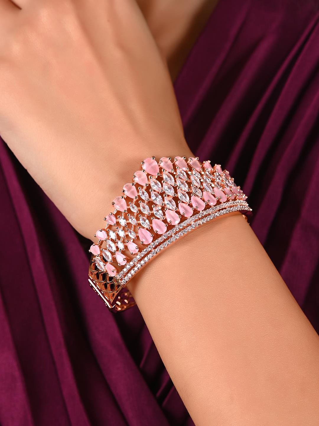 

RATNAVALI JEWELS Women Rose Gold-Plated Cubic Zirconia Studded Cuff Bracelet