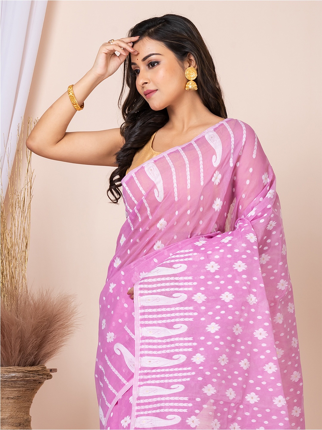 

HOUSE OF ARLI Ethnic Motifs Woven Design Pure Cotton Jamdani Saree, Mauve