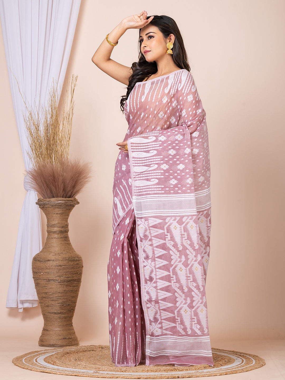 

HOUSE OF ARLI Ethnic Motifs Woven Design Pure Cotton Jamdani Saree, Mauve