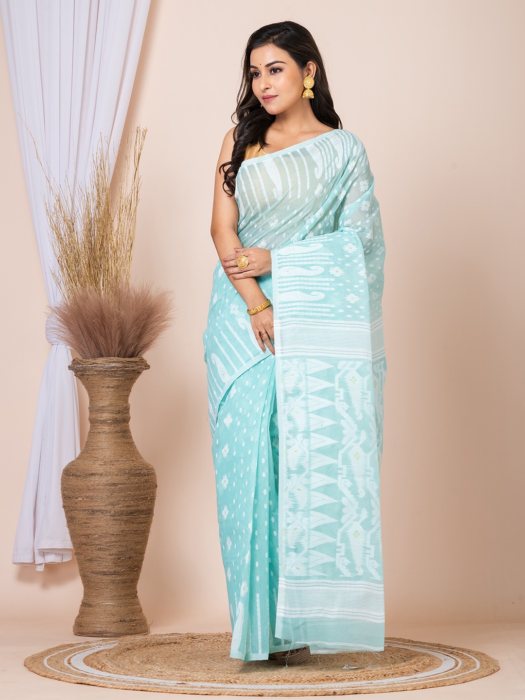 

HOUSE OF ARLI Ethnic Motifs Woven Design Pure Cotton Jamdani Saree, Sea green