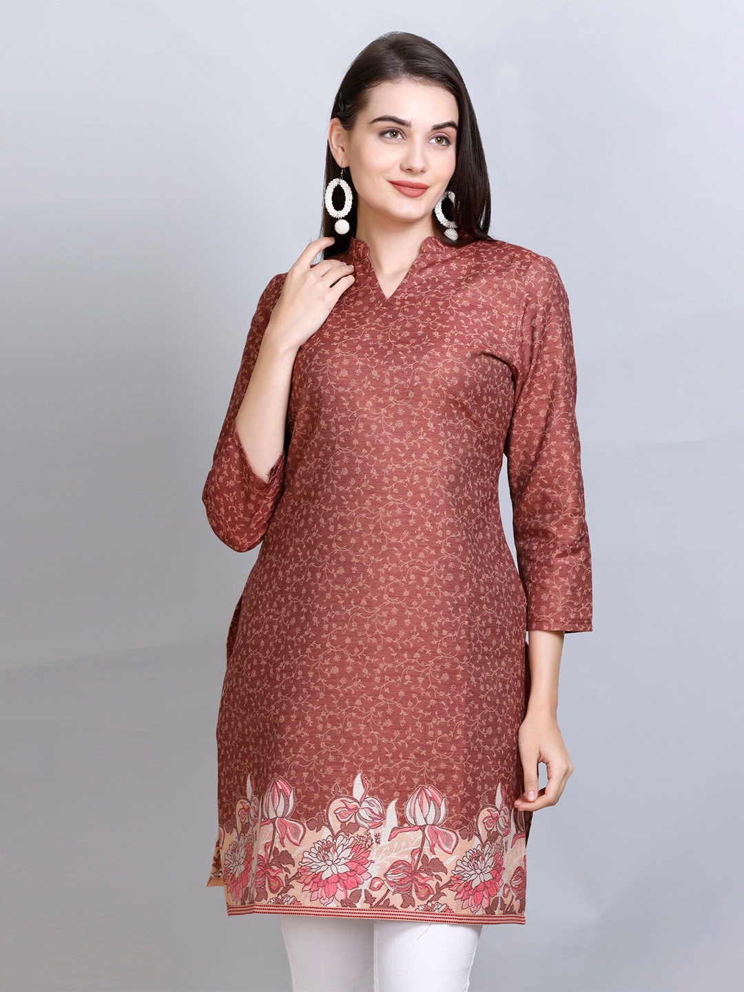 

KIDAR Ethnic Motifs Woven Design Jacquard Cotton Silk Straight Kurti, Brown