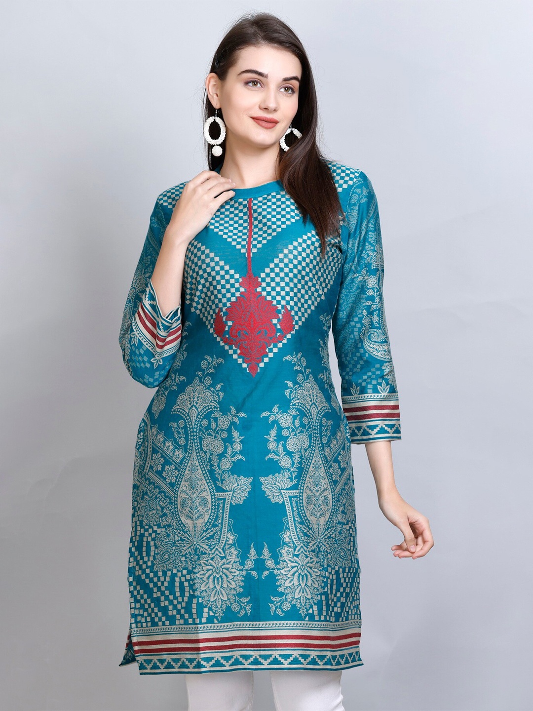 

KIDAR Ethnic Motifs Woven Design Jacquard Cotton Silk Straight Kurti, Green