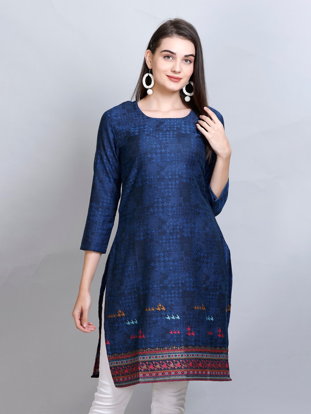 

KIDAR Ethnic Motifs Woven Design Jacquard Straight Kurti, Blue