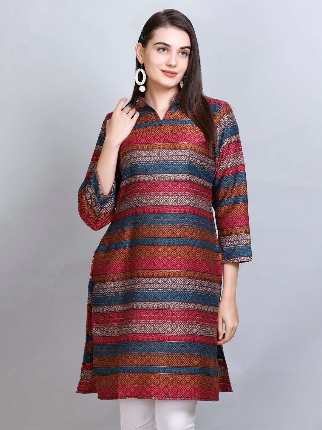 

KIDAR Ethnic Motifs Woven Design Jacquard Straight Kurti, Maroon