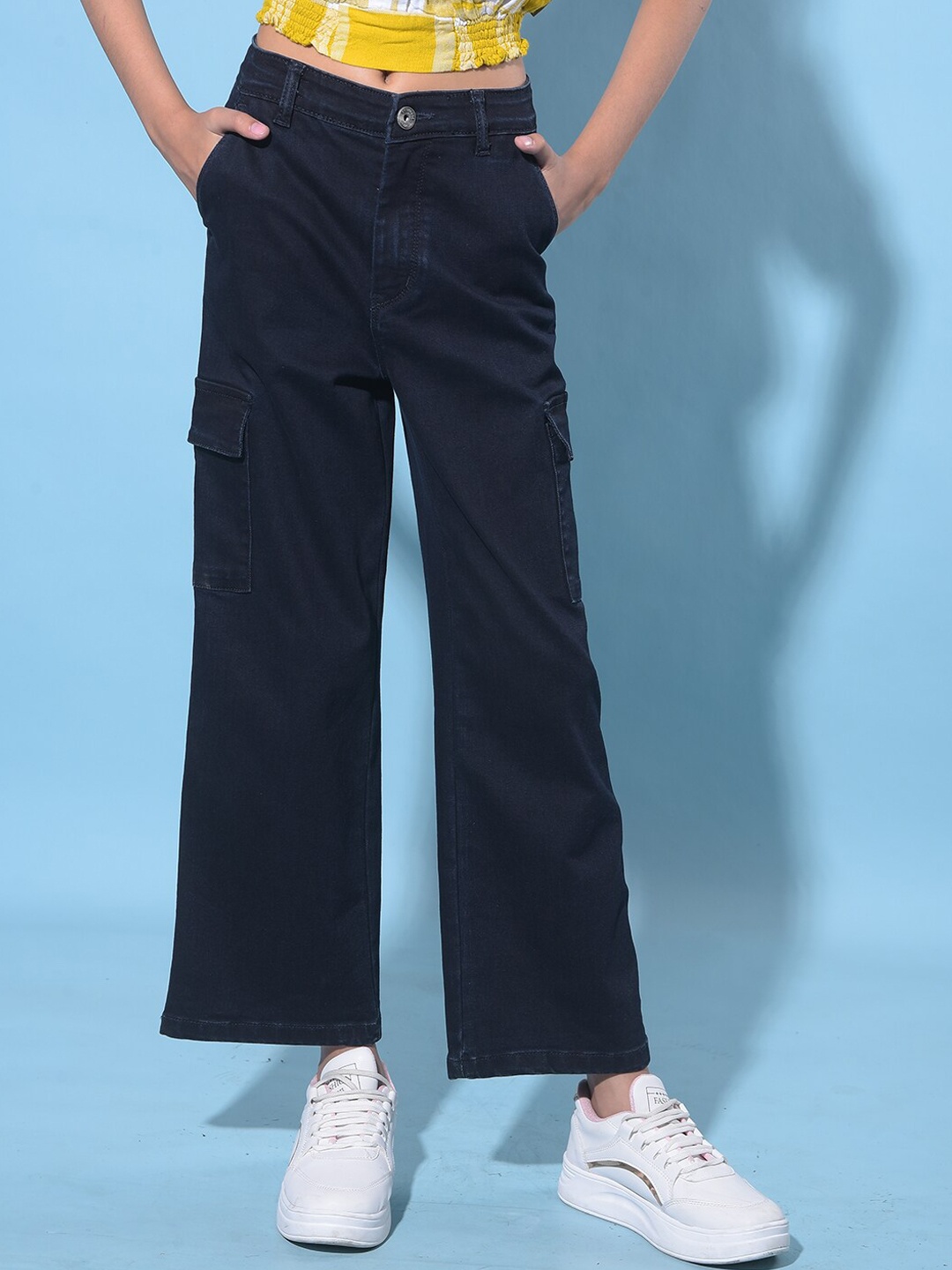 

Crimsoune Club Girls Wide Leg Clean Look Stretchable Cargo Jeans, Navy blue