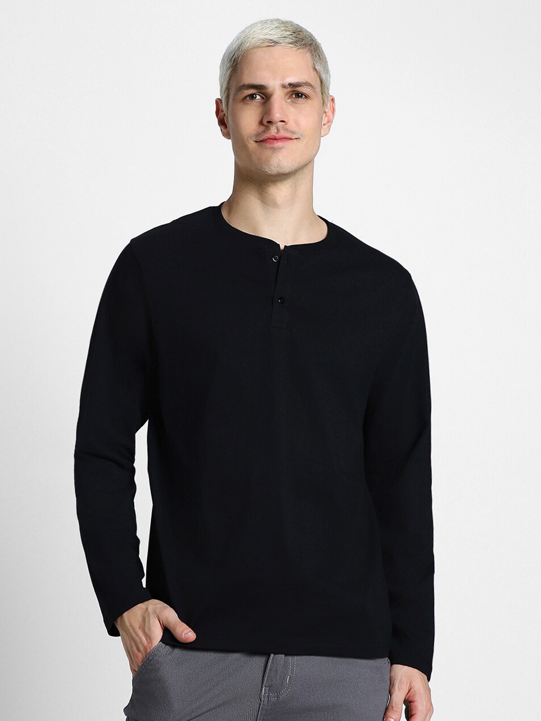 

VEIRDO Henley Neck Pure Cotton T-shirt, Black