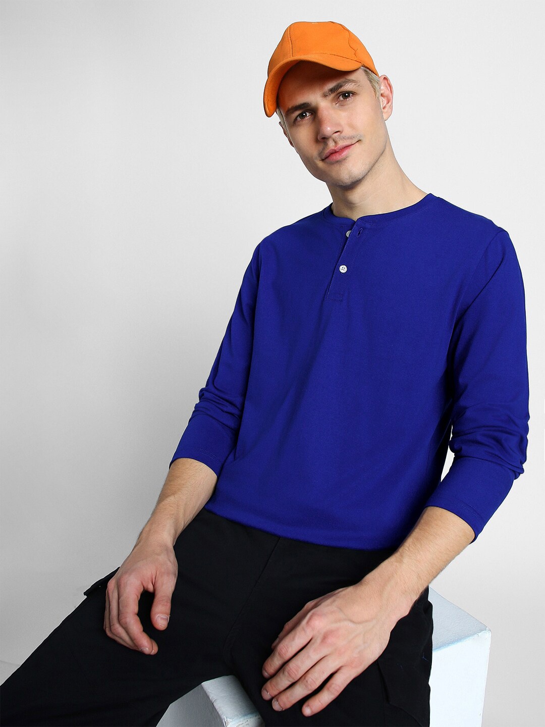 

VEIRDO Henley Neck Pure Cotton T-shirt, Blue