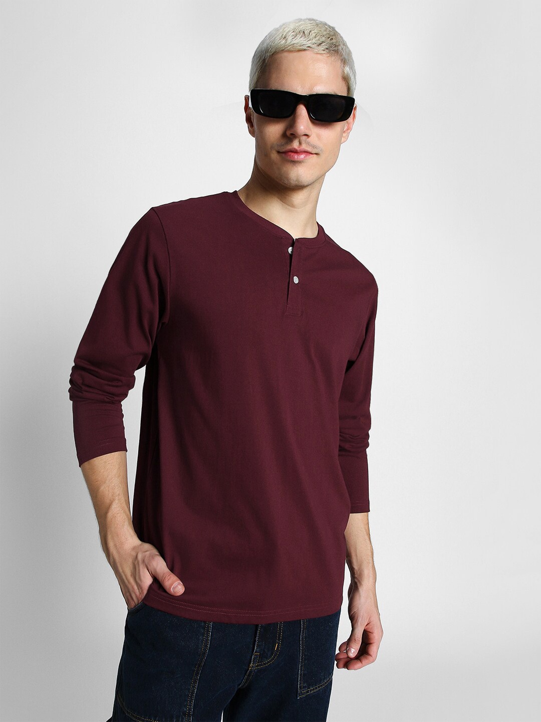 

VEIRDO Henley Neck Pure Cotton T-shirt, Maroon