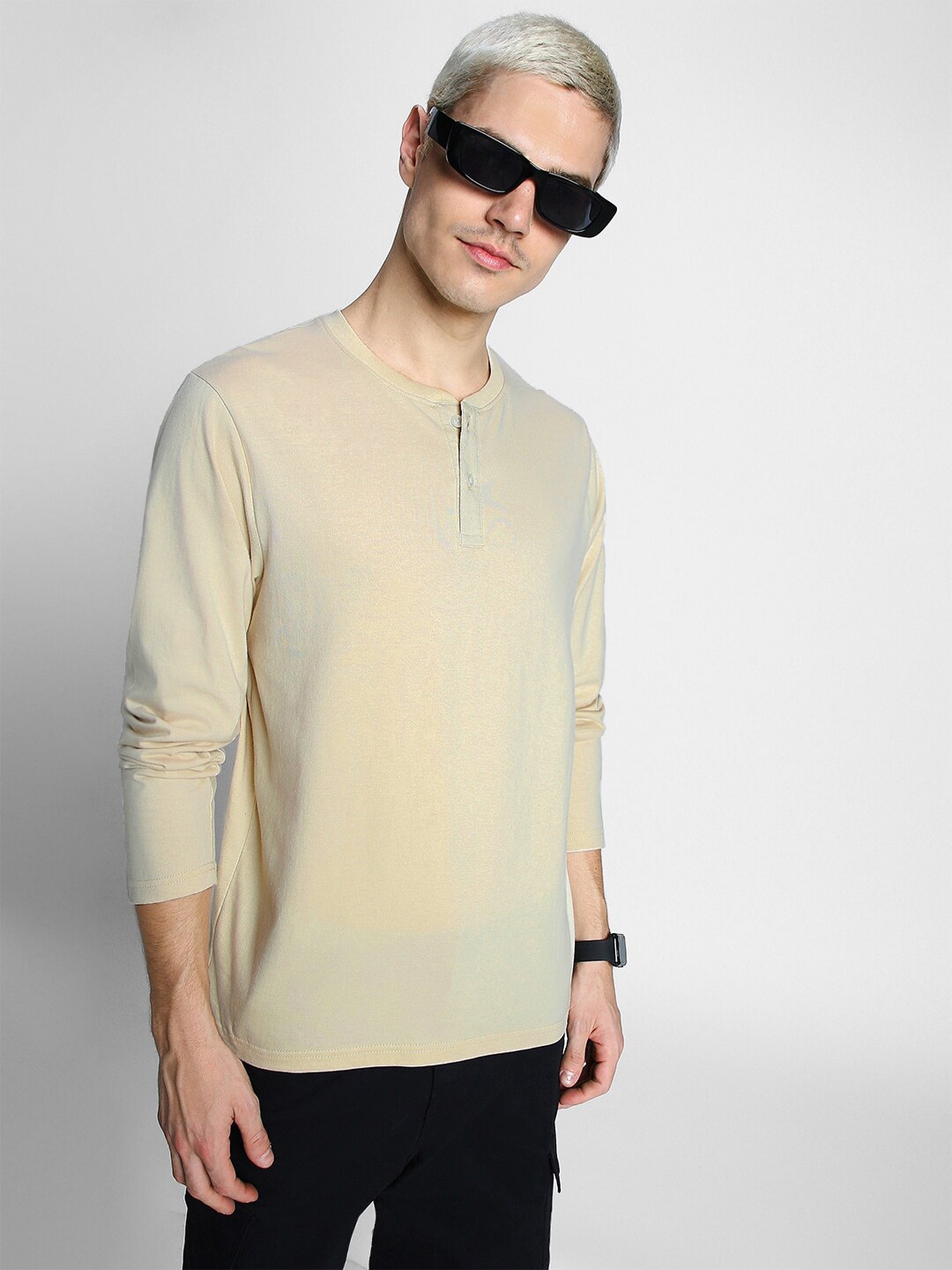 

VEIRDO Henley Neck Pure Cotton T-shirt, Beige
