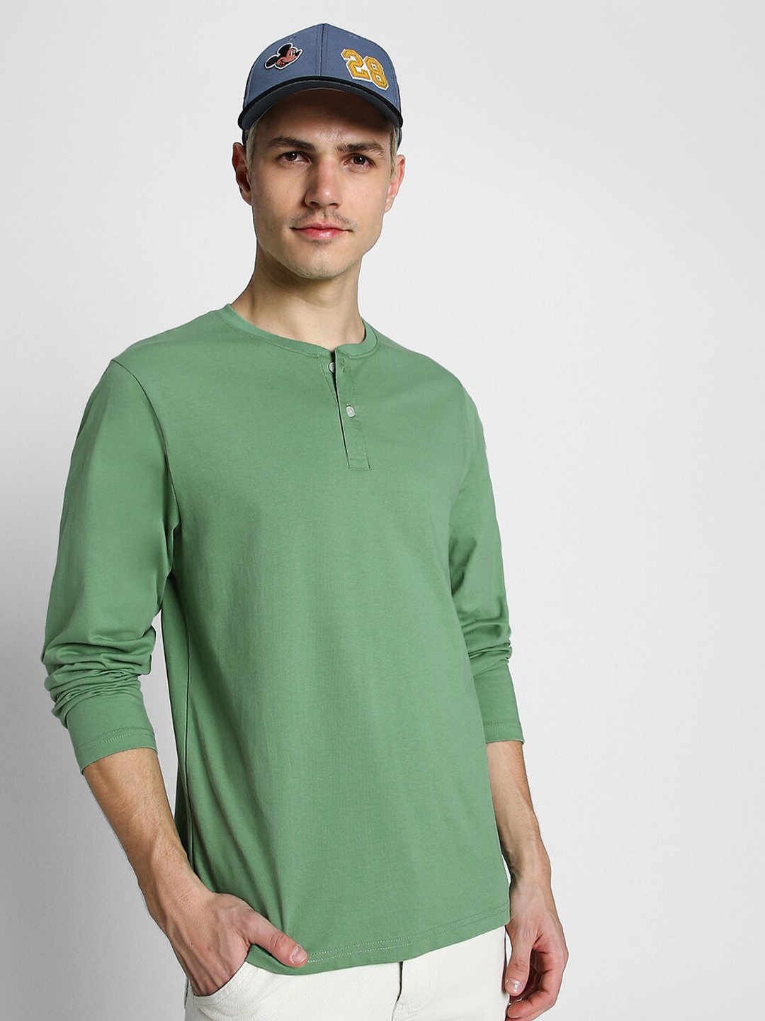 

VEIRDO Henley Neck Pure Cotton T-shirt, Green