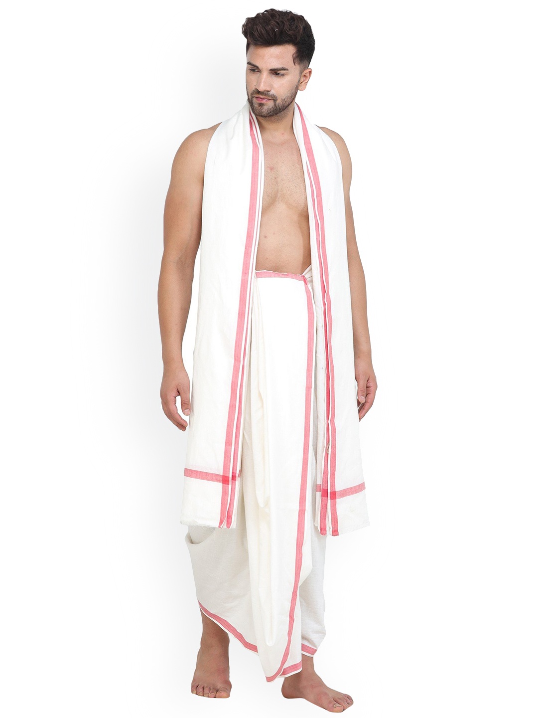 

Exotic India Dhoti and Angavastram Set with Striped Border from ISKCON Vrindavan by BLISS, White