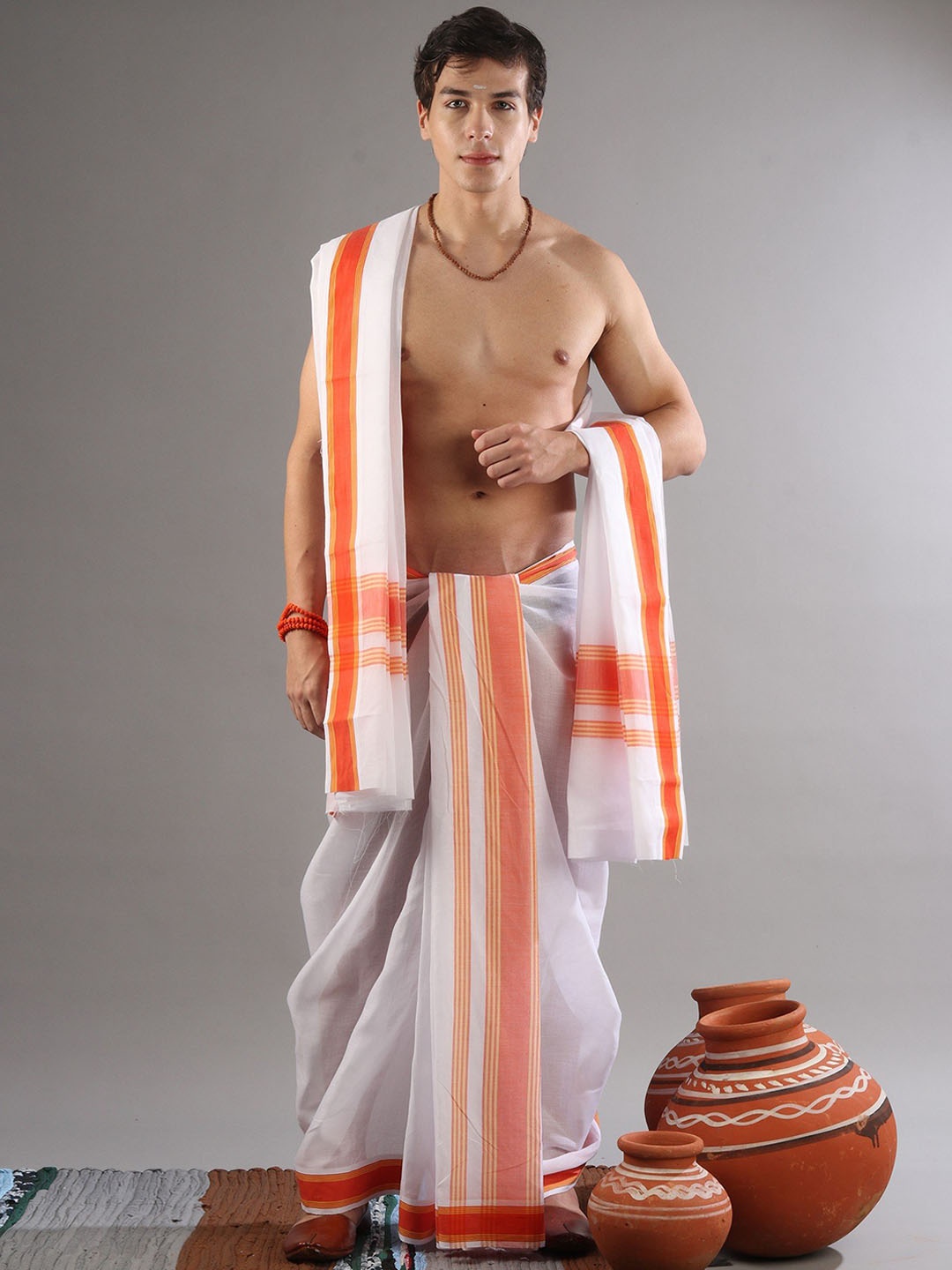 

Exotic India Pure Cotton Dhoti & Angavastram Set, White