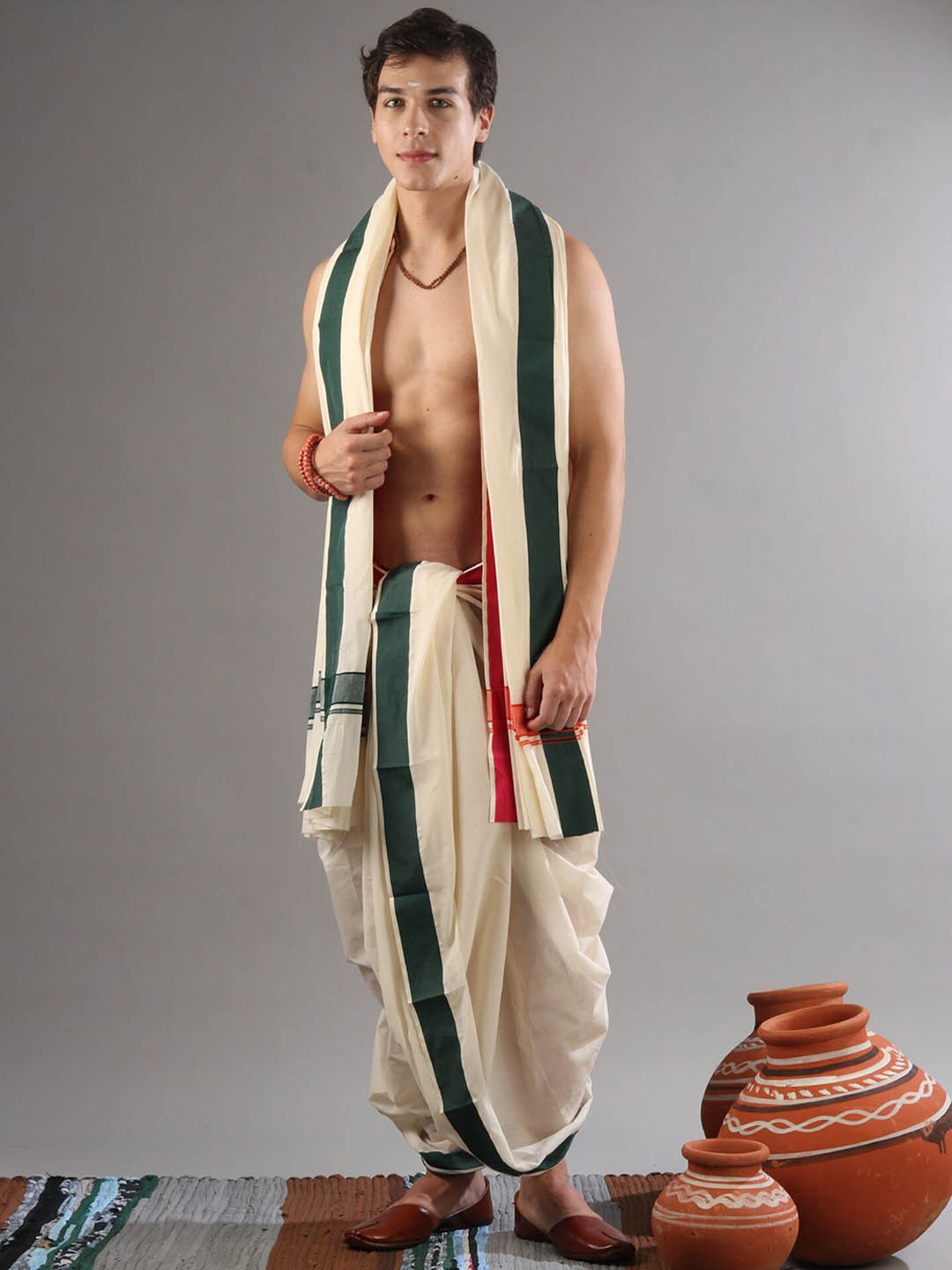 

Exotic India Men Pure Cotton Dhoti-Angavastram Drape Set with Woven Border, Off white