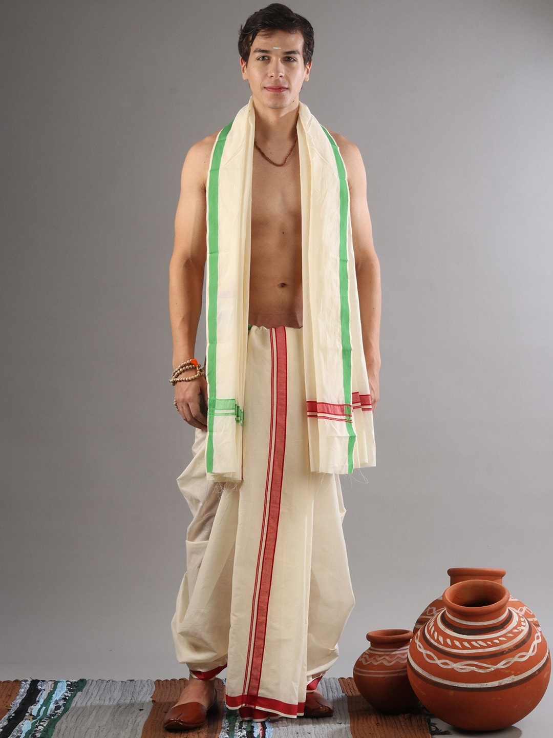 

Exotic India Woven Border Pure Cotton Drape Style Dhoti-Veshti Set, Cream