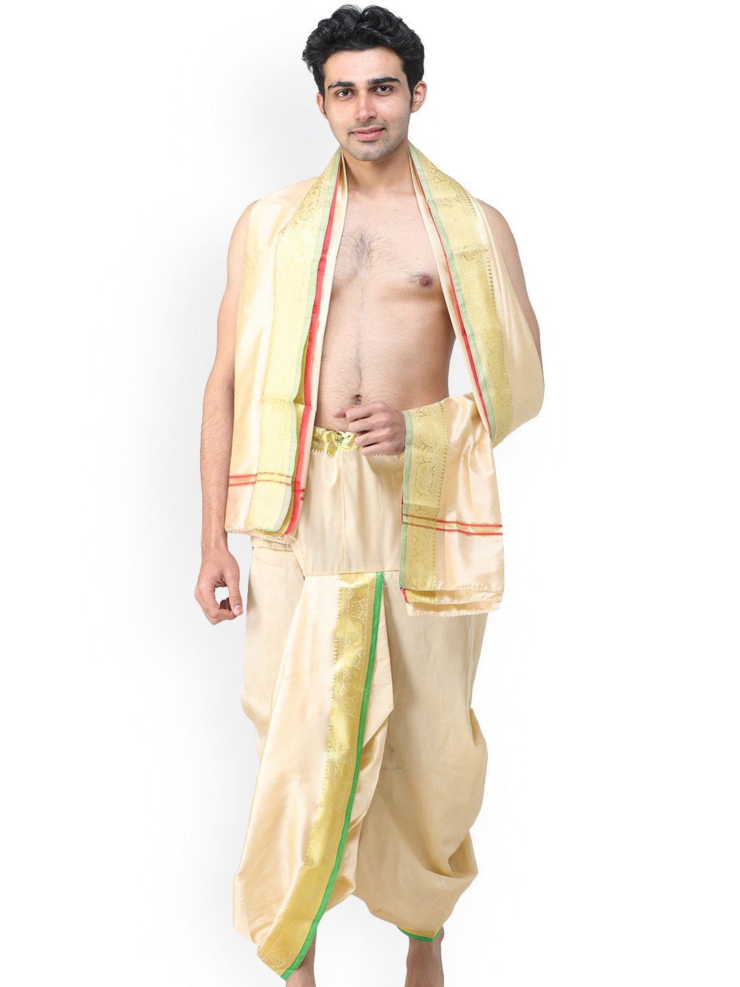 

Exotic India Ready to Wear Dhoti and Angavastram Set with Woven Golden Leaves Border, Cream