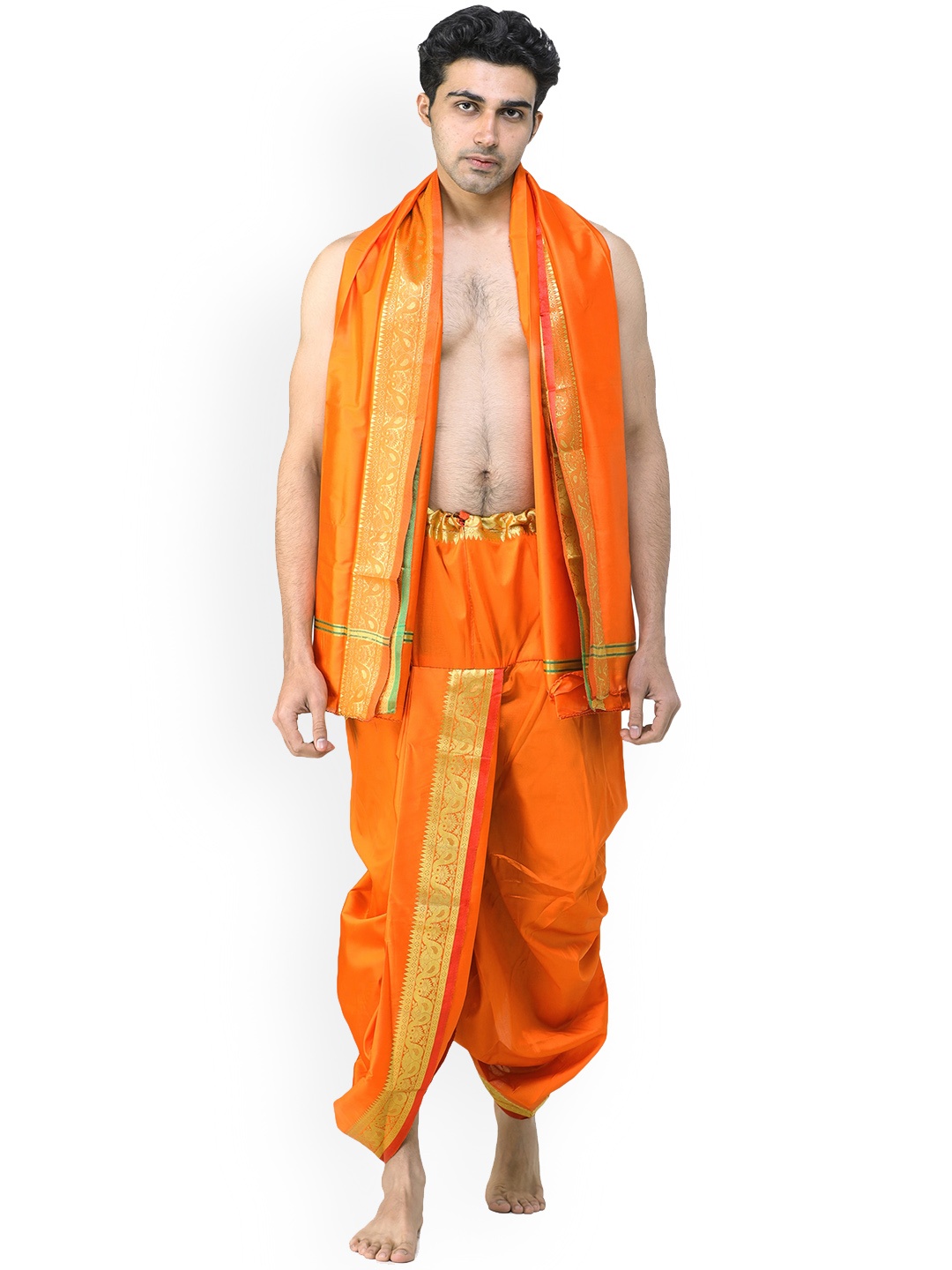 

Exotic India Ready to Wear Dhoti and Angavastram Set with Woven Golden Leaves Border, Orange