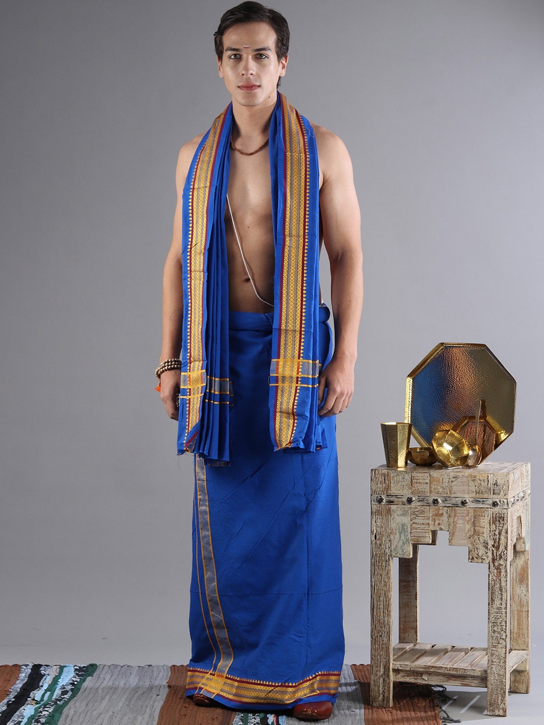 

Exotic India Pure Cotton Dhoti & Angavastram Set, Blue