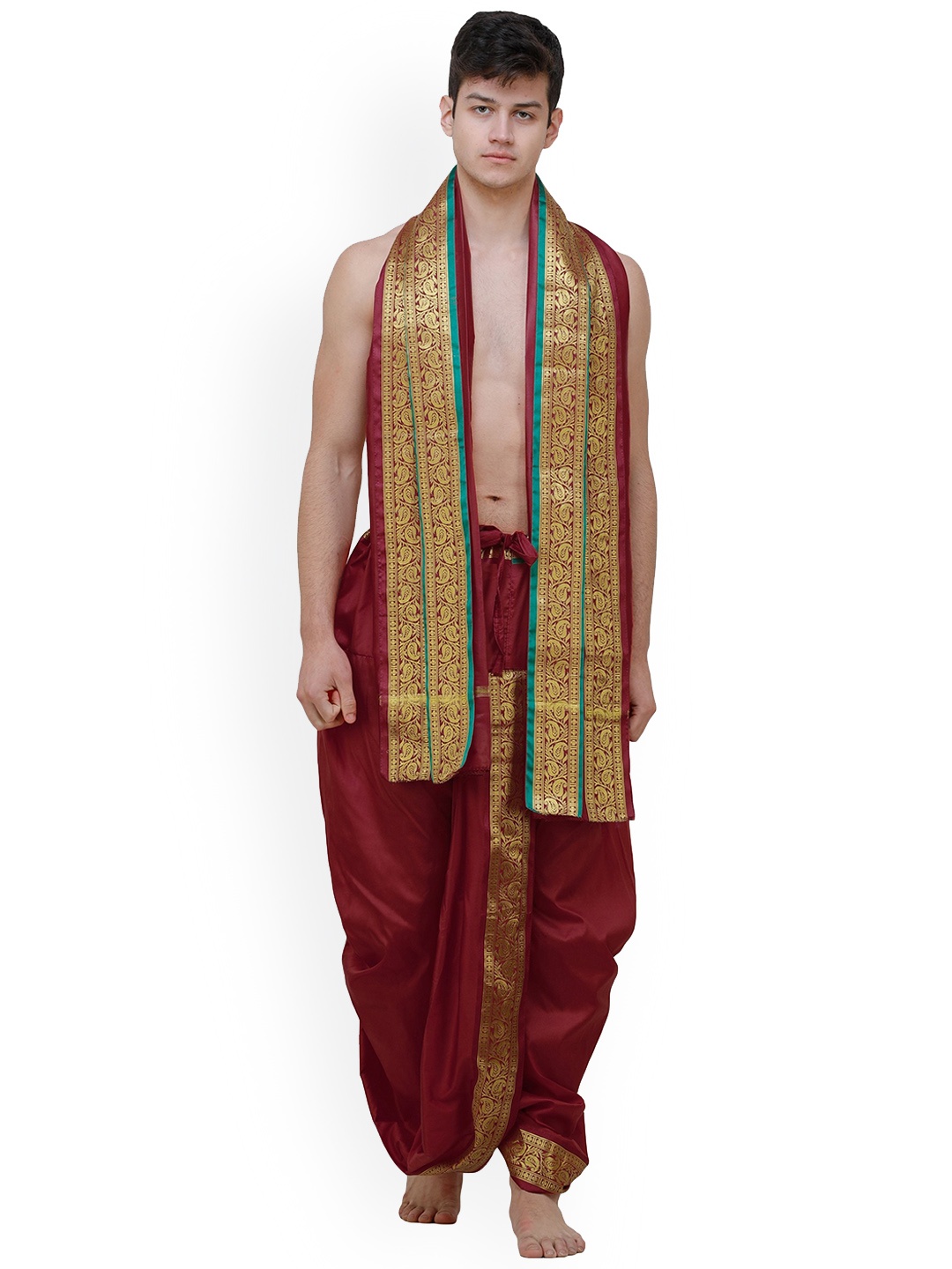 

Exotic India Ready to Wear Dhoti and Angavastram Set with Woven Golden Leaves Border, Red