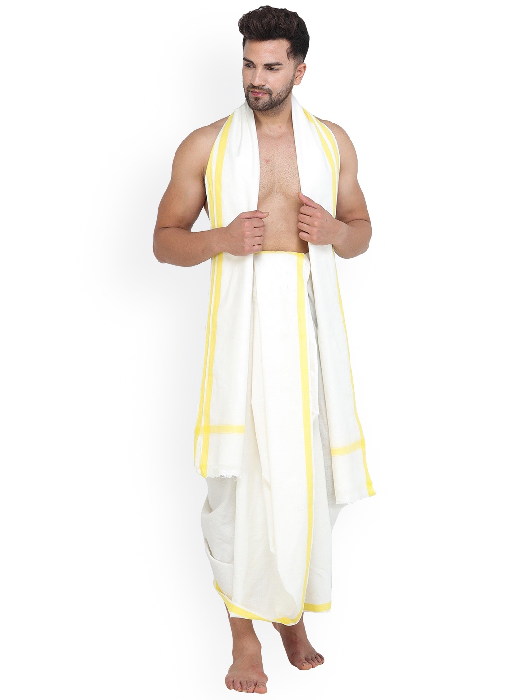 

Exotic India Dhoti and Angavastram Set with Striped Border from ISKCON Vrindavan by BLISS, White