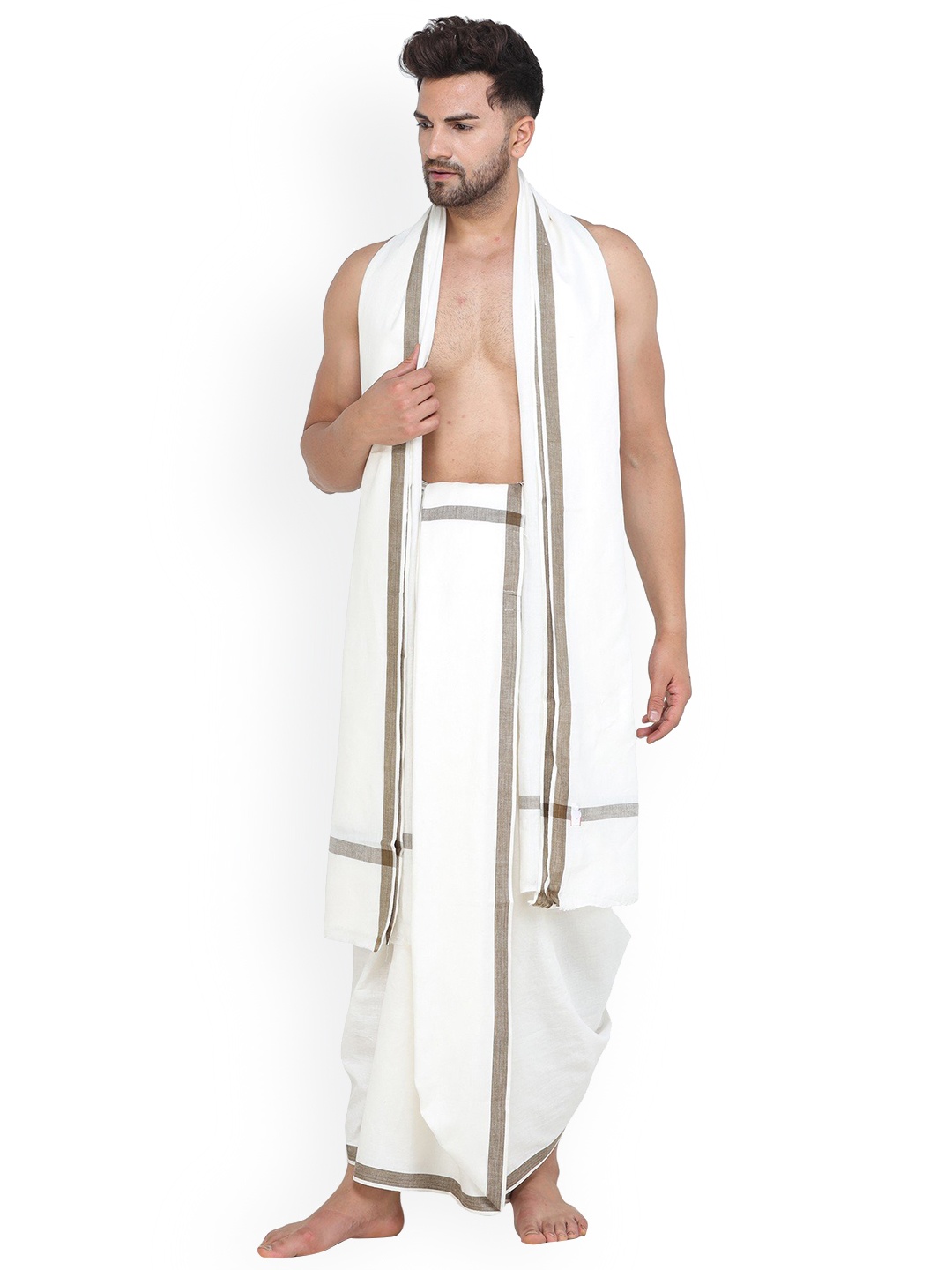 

BLISS By Exotic India Plain Dhoti And Angavastram Set With Striped Border, White