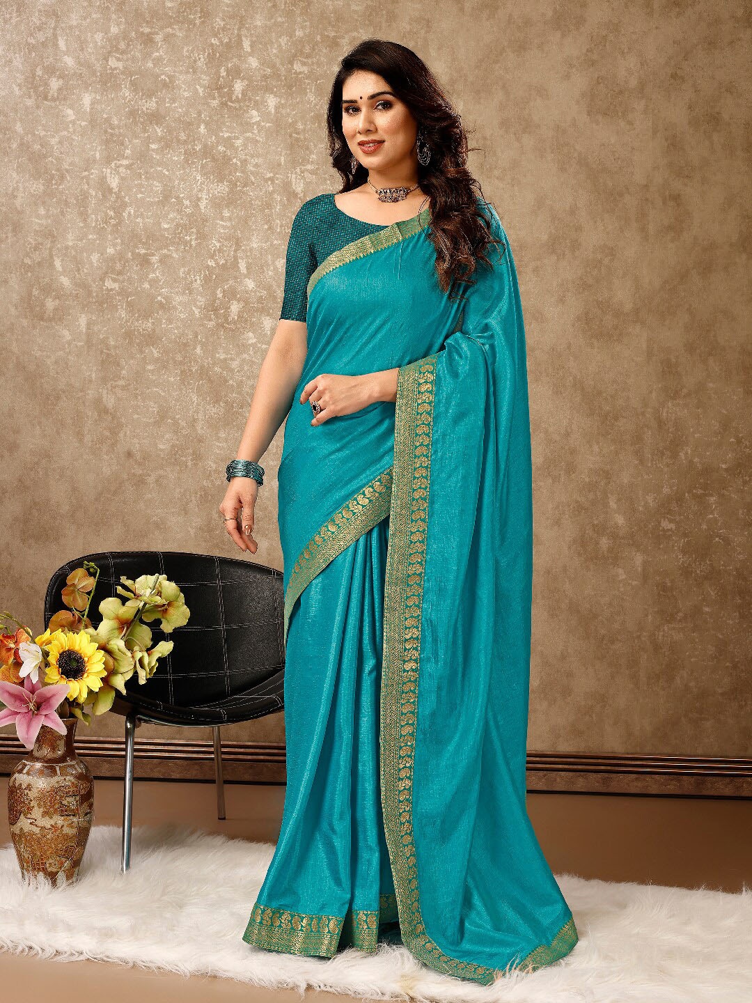 

Indian Women Zari Pure Chiffon Saree, Teal