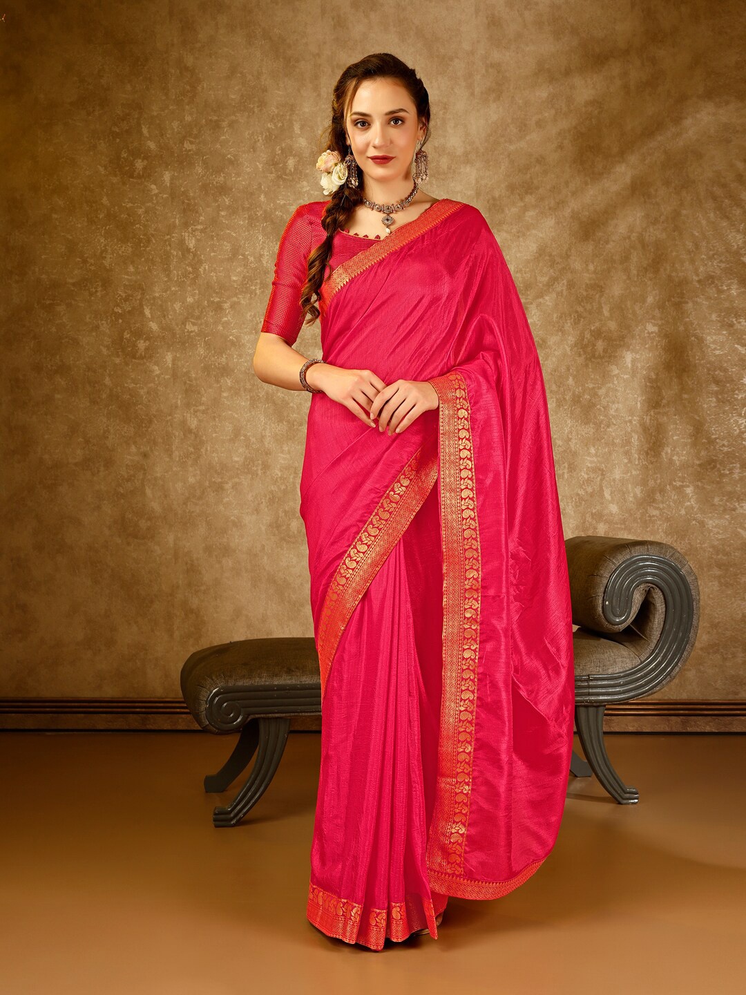 

Indian Women Zari Pure Chiffon Saree, Pink