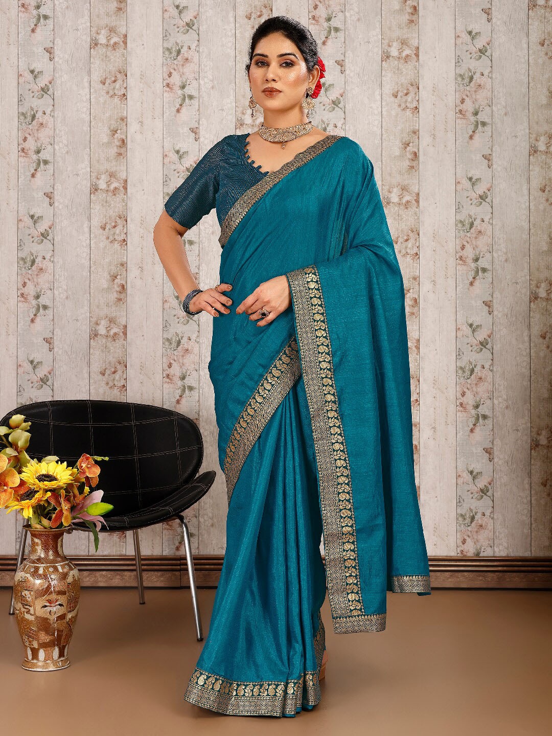 

Indian Women Zari Pure Chiffon Saree, Blue