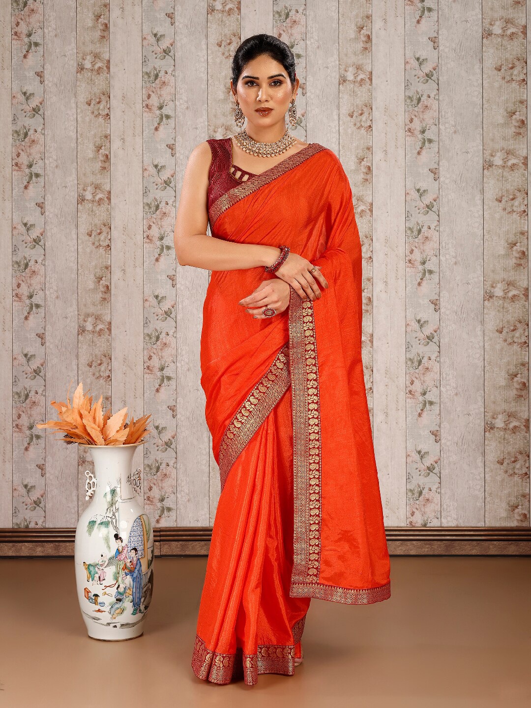 

Indian Women Zari Pure Chiffon Saree, Orange