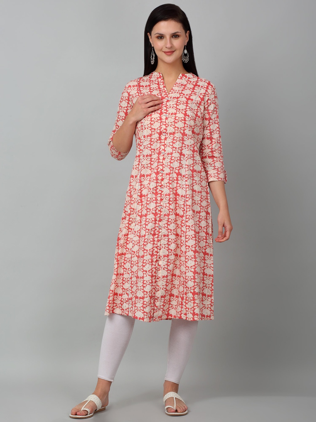 

Cantabil Floral Printed Mandarin Colllar A-Line Kurta, Red