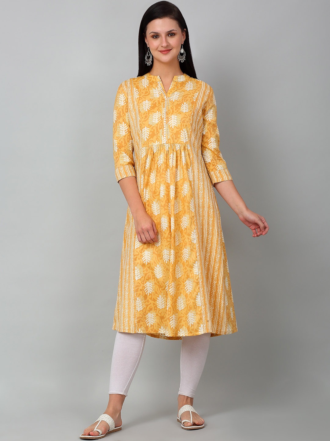 

Cantabil Ethnic Motifs Printed Mandarin Colllar Mirror Work A-Line Kurta, Mustard