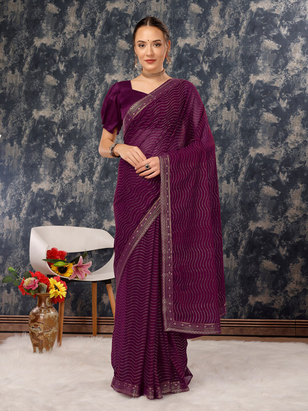 

Indian Women Zari Pure Chiffon Saree, Purple