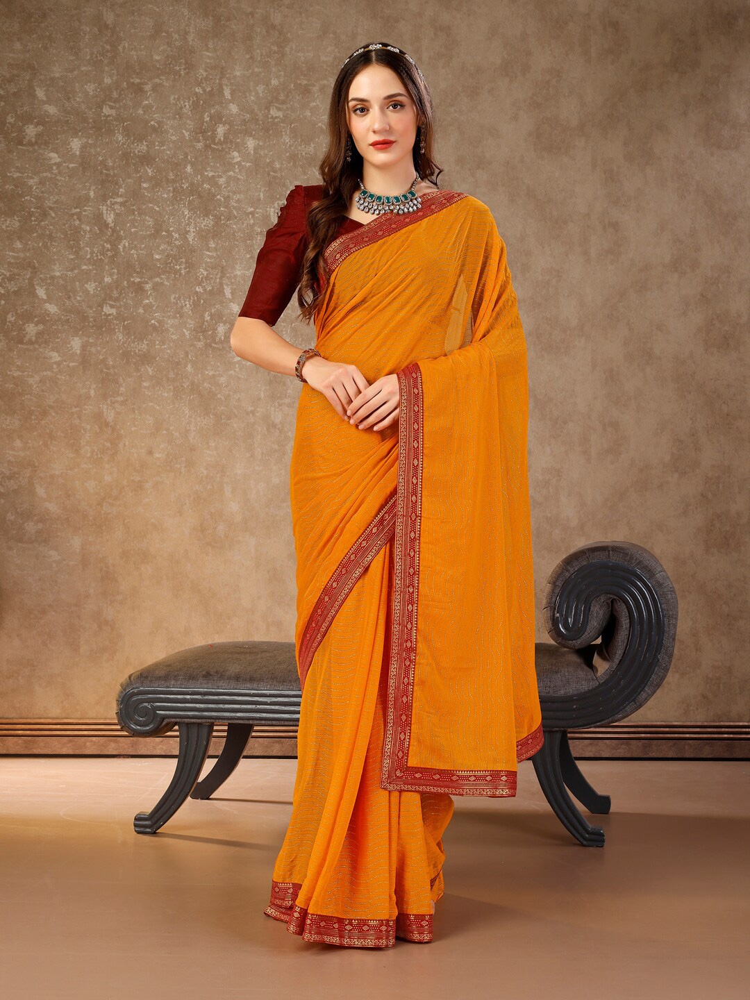 

Indian Women Striped Zari Pure Chiffon Saree, Yellow