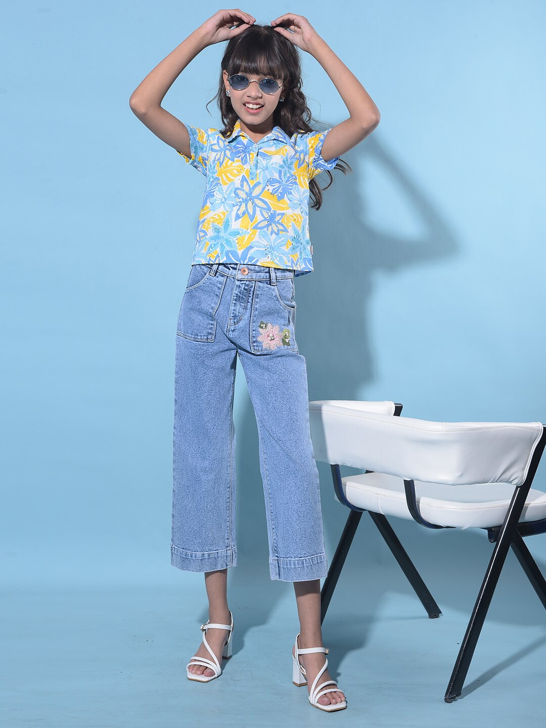 

Crimsoune Club Girls Floral Printed Shirt Collar Top, Yellow