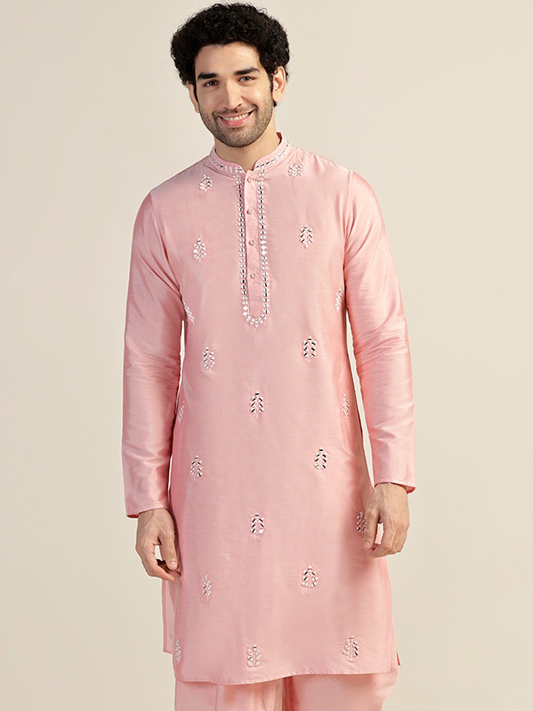 

KISAH Men Ethnic Motifs Embroidered Mandarin Collar Thread Work Straight Kurta, Pink