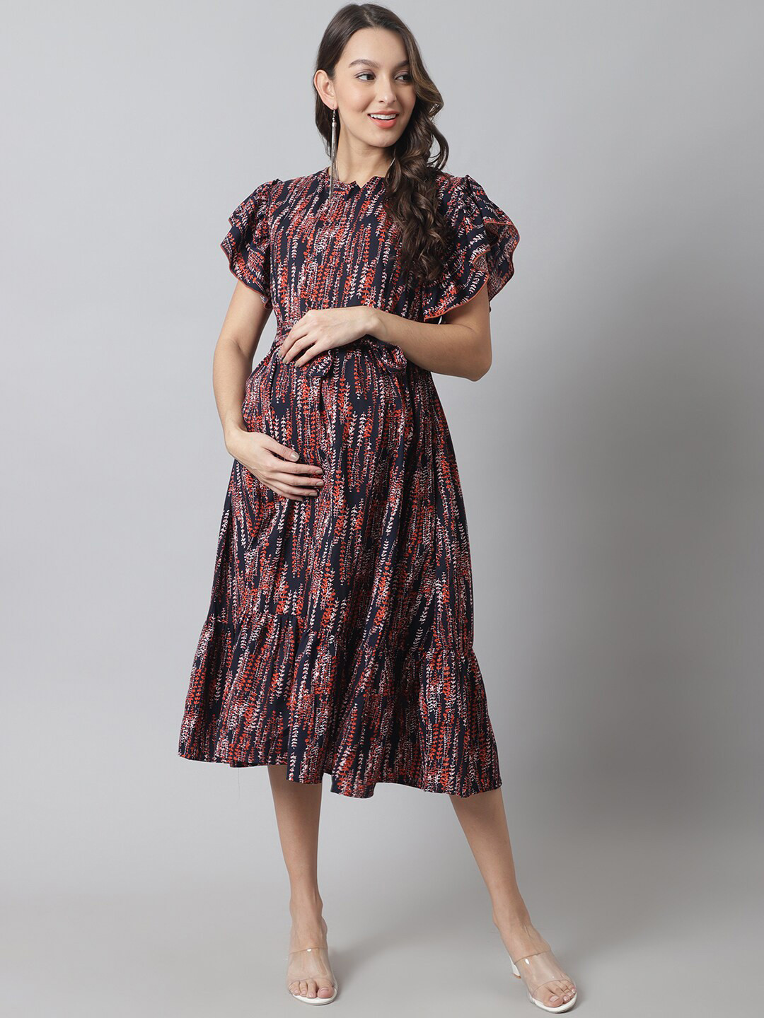 

Moms Maternity Abstract Print Puff Sleeve Crepe Maternity Fit & Flare Midi Dress, Navy blue