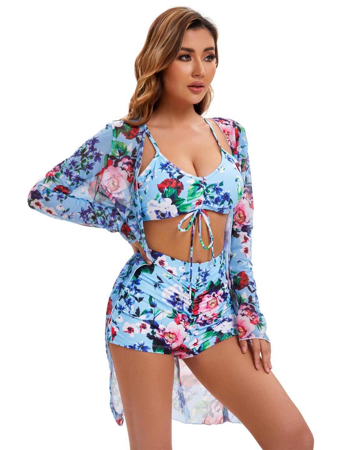 

FIMBUL 3 Pcs Floral Printed Swimwear Set, Blue