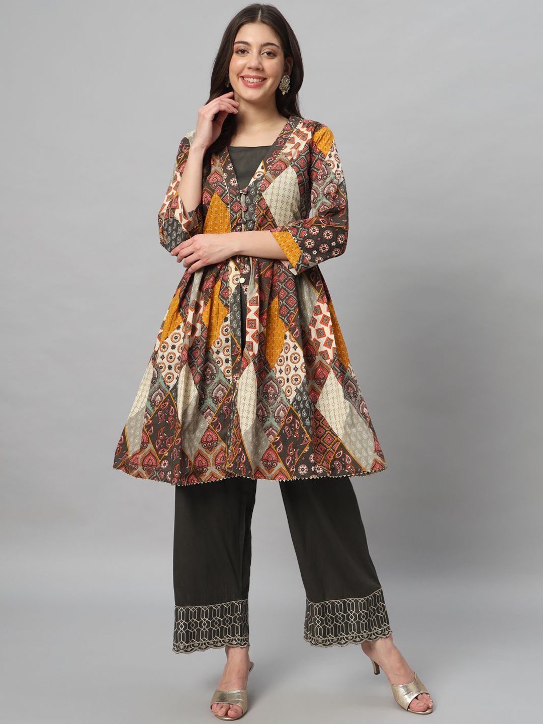 

SALWAT Sleeveless Pure Cotton Top & Palazzo & Jacket, Brown
