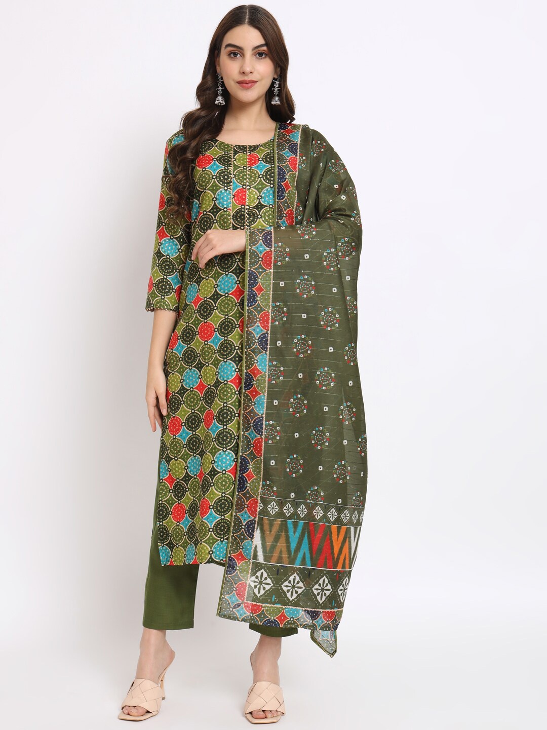 

SALWAT Geometric Printed Regular Pure Cotton Straight Kurta With Trousers & Dupatta, Green