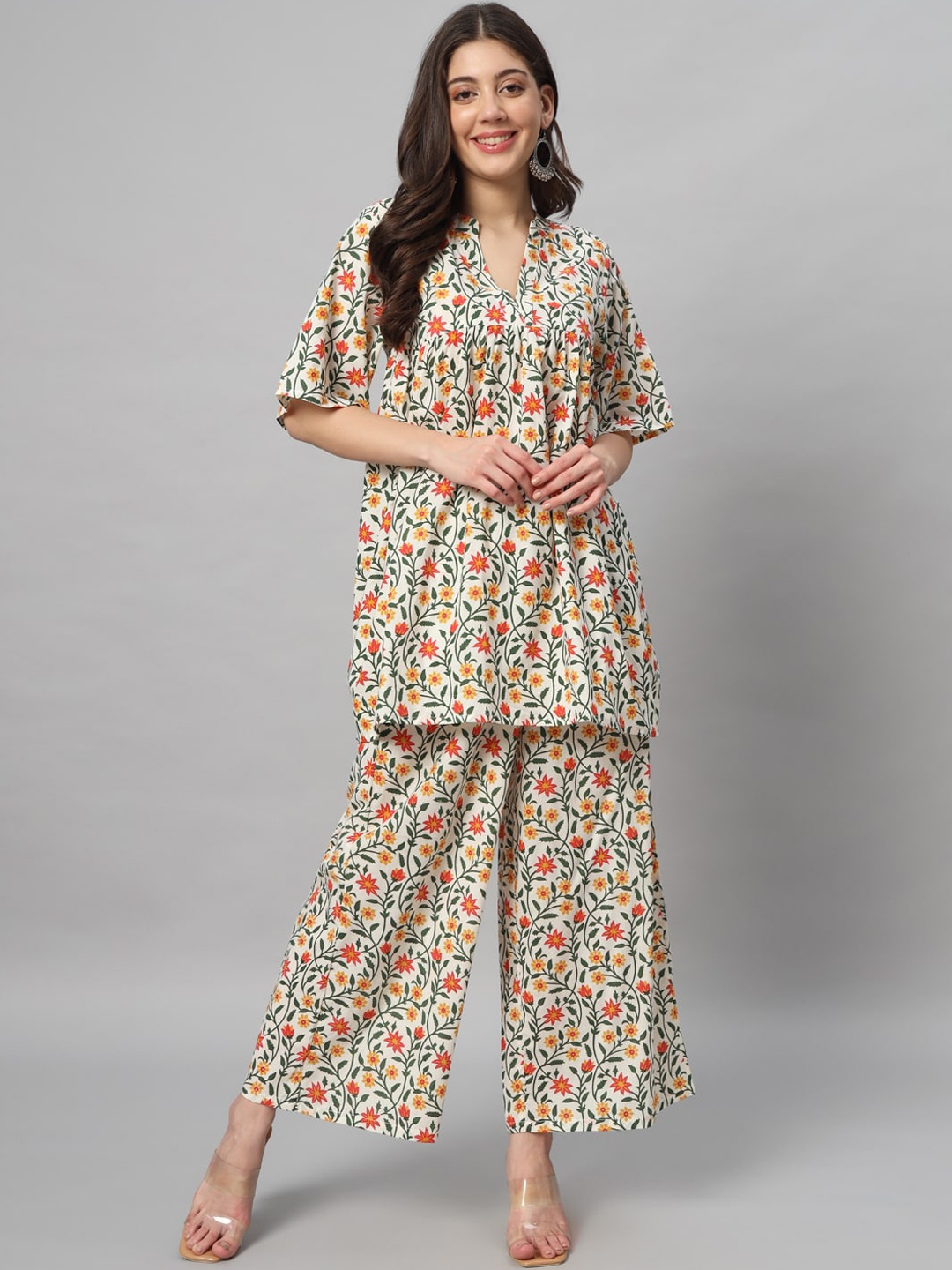

SALWAT Floral Printed V-Neck Regular Pure Cotton A-Line Kurti With Palazzos, Beige