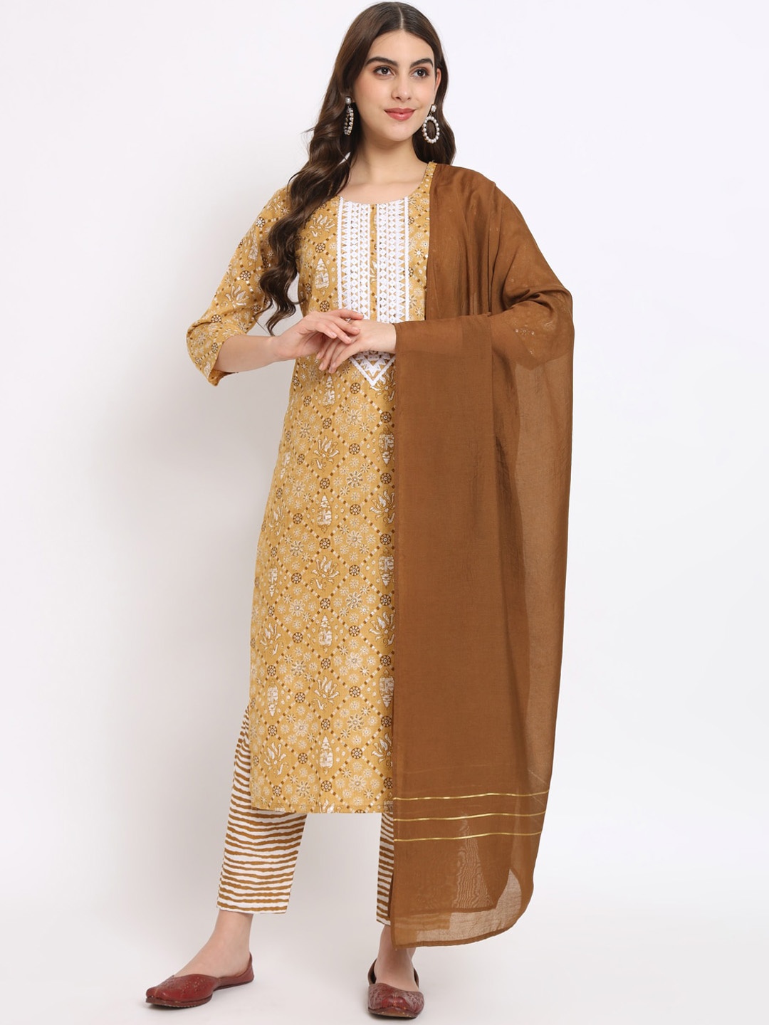 

SALWAT Ethnic Motifs Print Thread Work Pure Cotton Straight Kurta With Trousers & Dupatta, Yellow