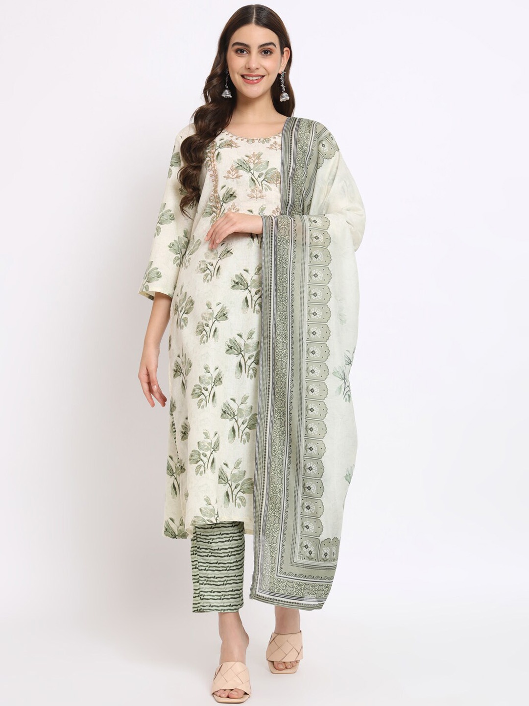 

SALWAT Floral Printed Regular Pure Cotton Straight Kurta With Trouser & Dupatta, Green