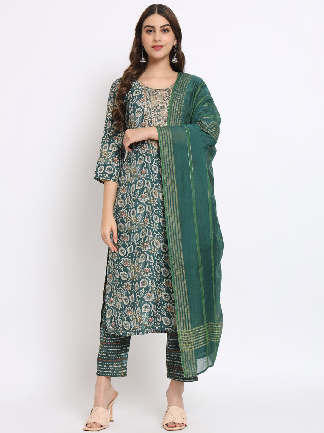 

SALWAT Floral Printed Thread Work Pure Cotton Straight Kurta With Trousers & Dupatta, Green